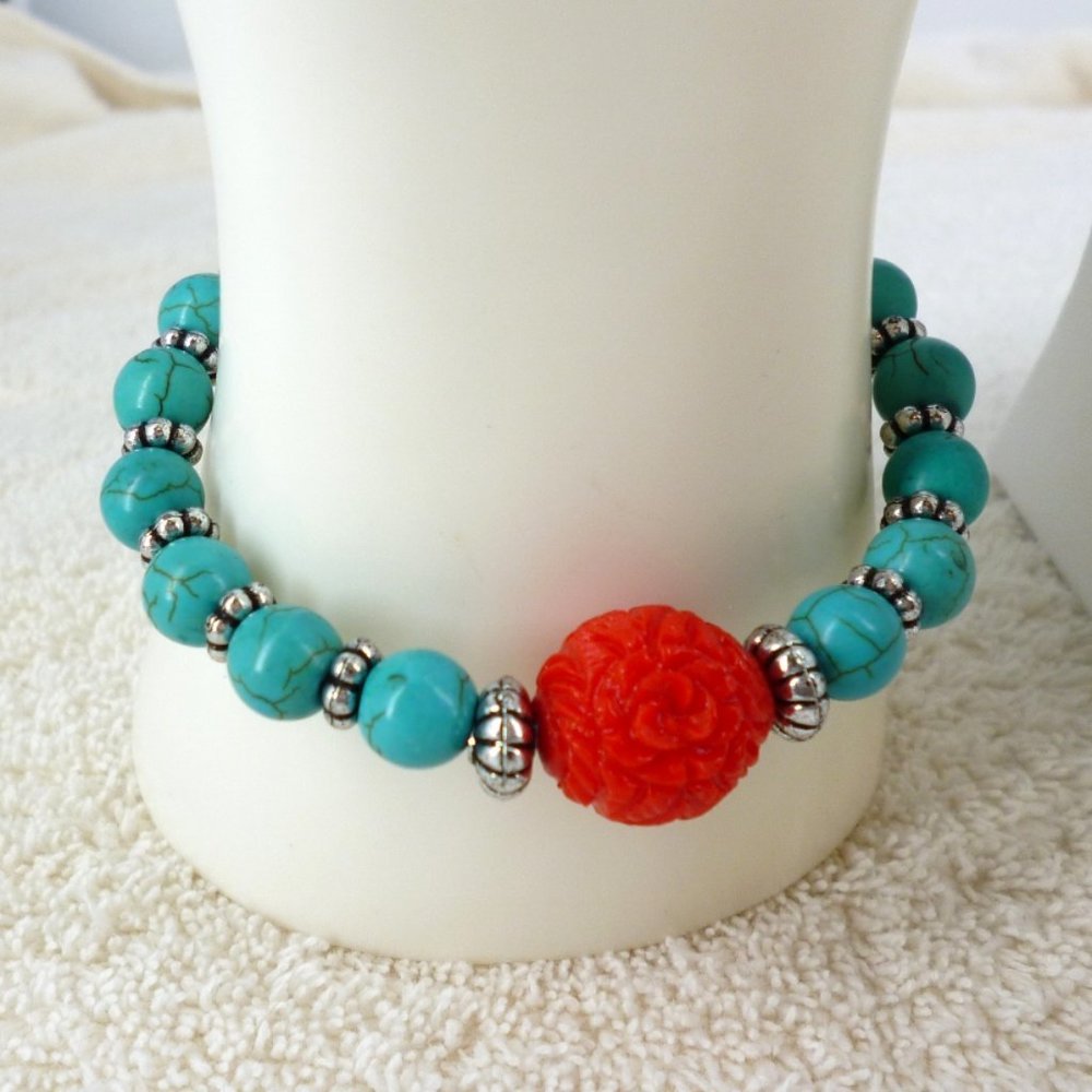 Faux Turquoise Set Necklace, Bracelet, Earrings Carved Red Beads + Box NOS M1149 - Picture 3 of 7